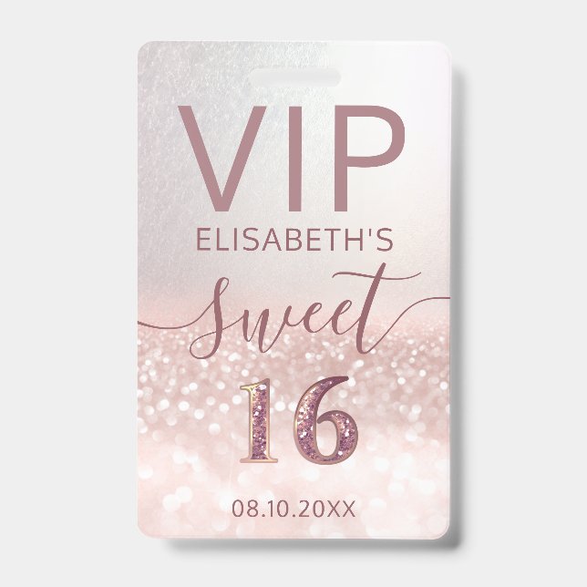 Badge parties scintillant en or rose script ombre Sweet  (Avant)