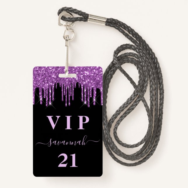 Badge Parties scintillant noire violet d'anniversaire go (Devant avec lanière)
