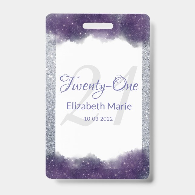 Badge Parties scintillant Personalisée Purple Silver 21e (Avant)