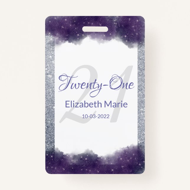 Badge Parties scintillant Personalisée Purple Silver 21e (Devant)