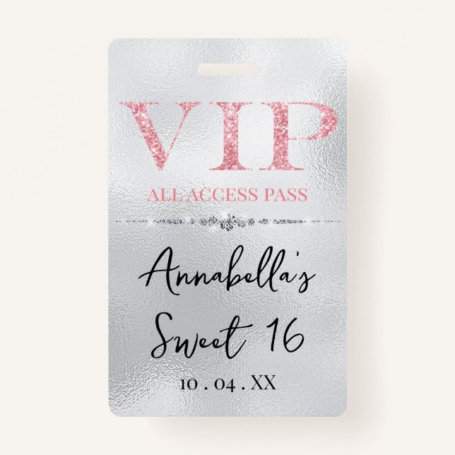 Badge Parties scintillant rose glamour sur VIP argenté (Devant)