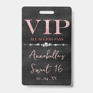 Badge Parties scintillant rose glamour sur VIP noir