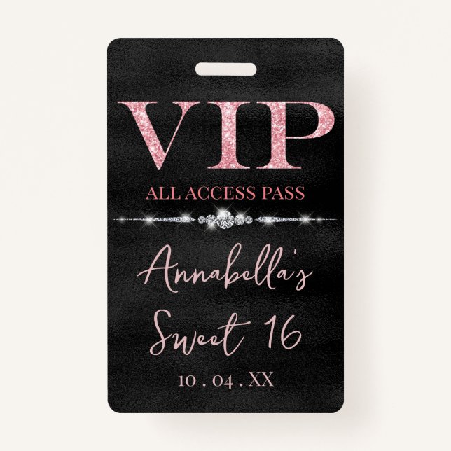 Badge Parties scintillant rose glamour sur VIP noir (Devant)