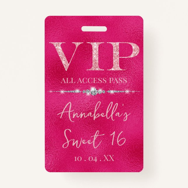Badge Parties scintillant rose glamour VIP (Devant)