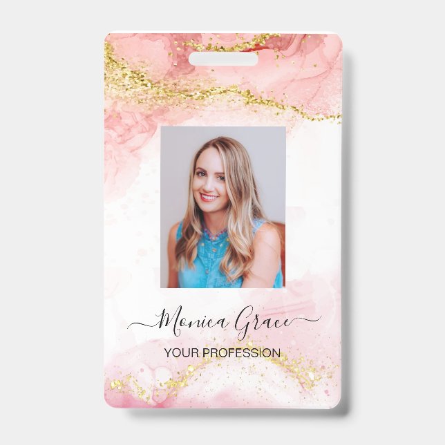 Badge Parties scintillant rose or marbre Agate Logo ID d (Avant)