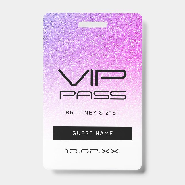 Badge Parties scintillant violet rose Ombre VIP Pass Inv (Front)
