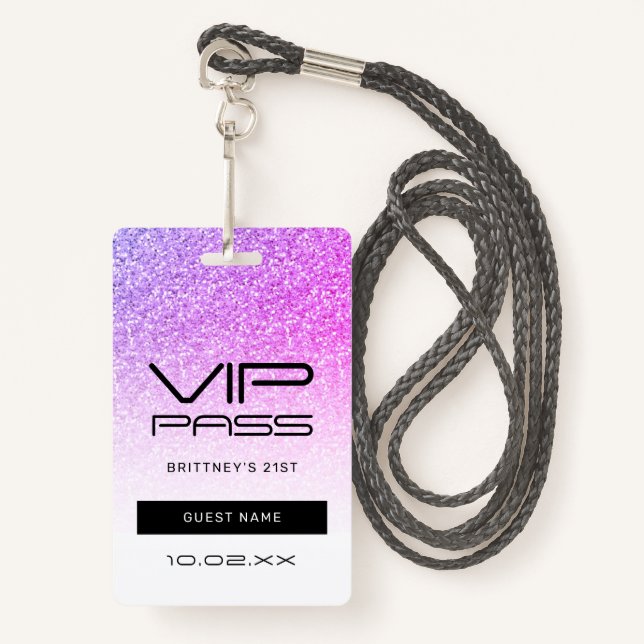 Badge Parties scintillant violet rose Ombre VIP Pass Inv (Devant avec lanière)