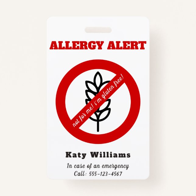 Badge Pas pour moi, je suis sans gluten ! Alerte d'aller (Devant)