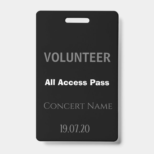 Badge Pass All Access Concert sur mesure Noir pour Bénév (Avant)