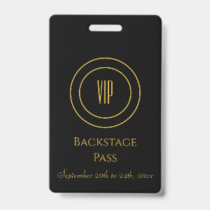 Badge Pass Backstage Accès VIP Stylé Noir et Or