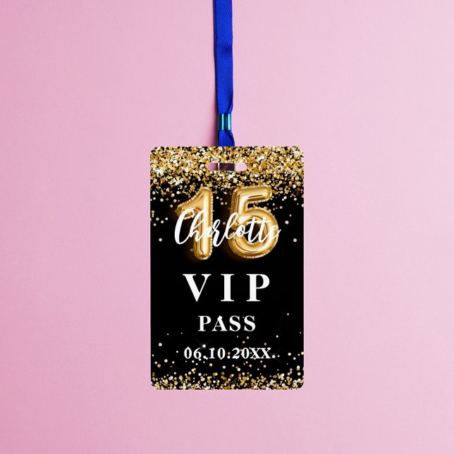 Badge Pass de la partie vip en or noir Quinceanera (Créateur téléchargé)