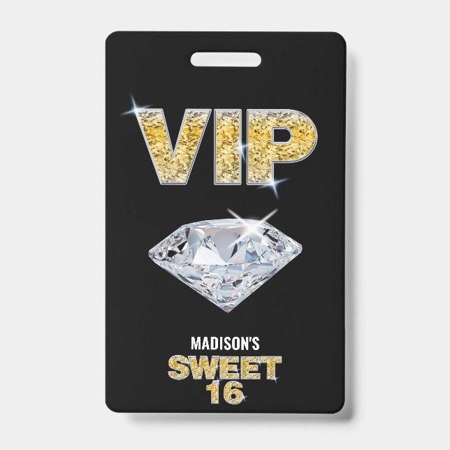Badge Pass VIP Diamant Noir Or pour Sweet 16 (Avant)