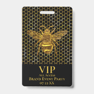 Badge Pass VIP Elégant Reine Abeille Pailletée Noir Or