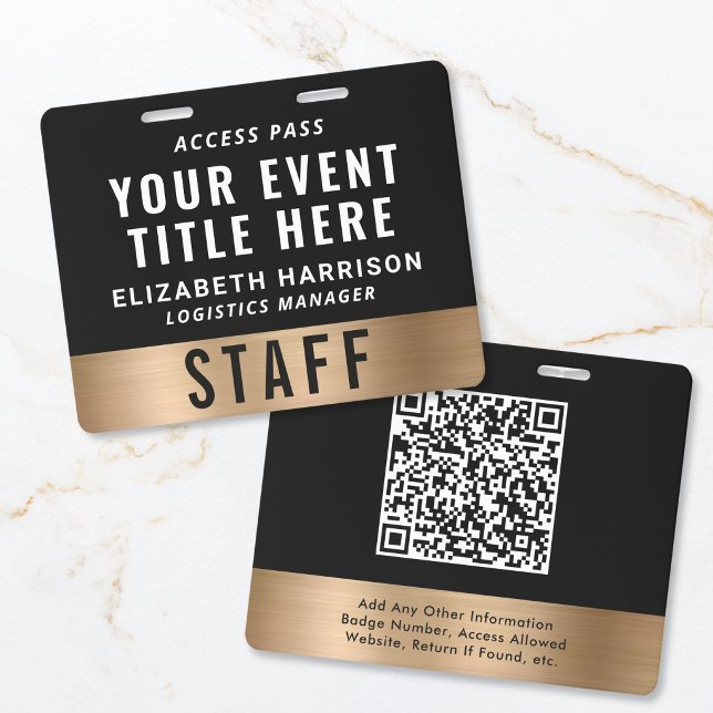 Badge Passe d'accès ID QR Code Noir Or Luxe pour l'événe (Luxury QR Code Black Gold Event Access Pass ID Badge)