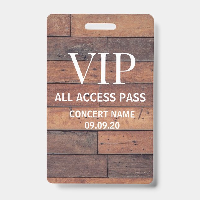 Badge Passe d'accès VIP personnalisé en bois rustique (Avant)