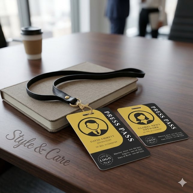 Badge Passe Médias Noir et Or avec Photo et Code QR (Black and Gold Media Pass with Photo and QR Code Badge)