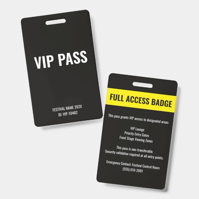 Badge Passe VIP Accès Complet Festival de Musique Noir (Avant & arrière)