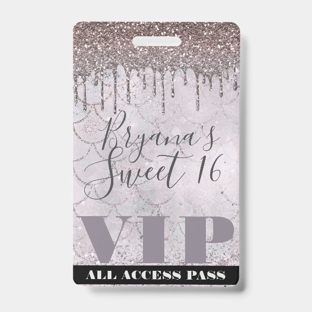 Badge Passe VIP Fée Sirène 16 Ans Sucre Rose Glitter Gla (Avant)
