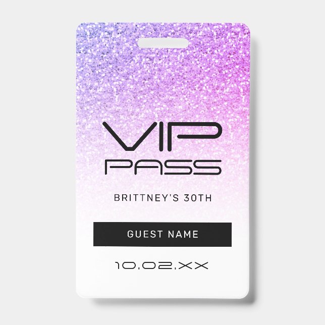 Badge Passe VIP Invitation 30 ans Glitter Glam Rose Viol (Avant)