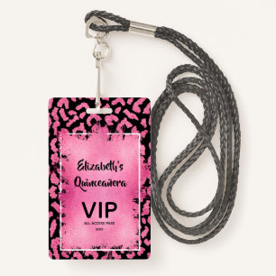 Badge Passe VIP Invitation Léopard Rose Quinceañera