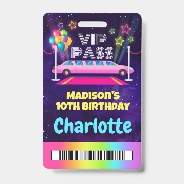 Badge Passe VIP Limo rose Anniversaire Lanyard (Face)