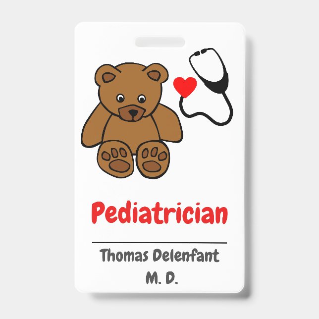 Badge Pédiatre - stéthoscope en peluche et en coeur (Avant)