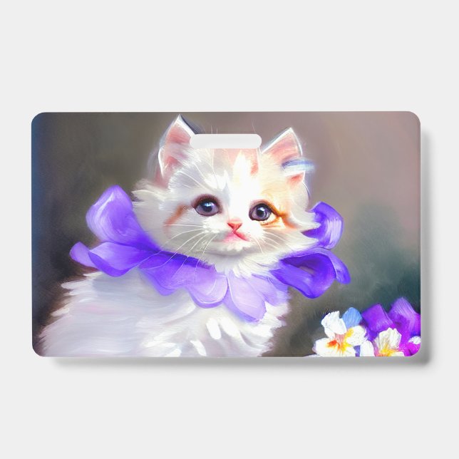 Badge Peinture de chat blanc avec collier de fleurs viol (Avant)