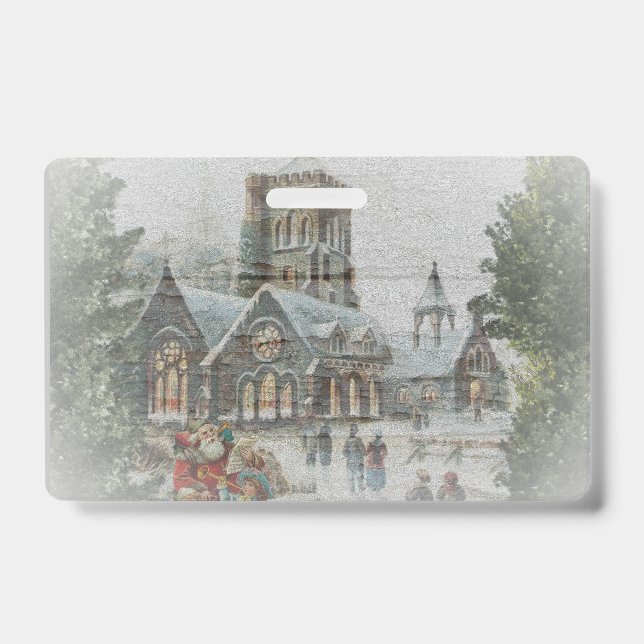 Badge Père Noël d'autrefois avec des enfants devant une  (Avant)