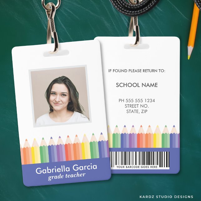 Badge Personalized Colorful School Teacher Bar Code ID (Front and back are shown. Customize and choose attachment: lanyard, retractable, or metal clip)