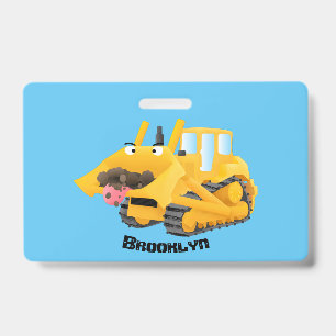 Badge Personnage de dessin animé de bulldozer jaune drôl