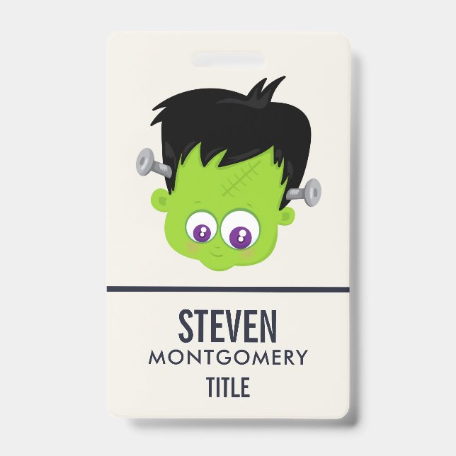 Badge Petit monstre de Frankenstein vert mignon visage H (Avant)