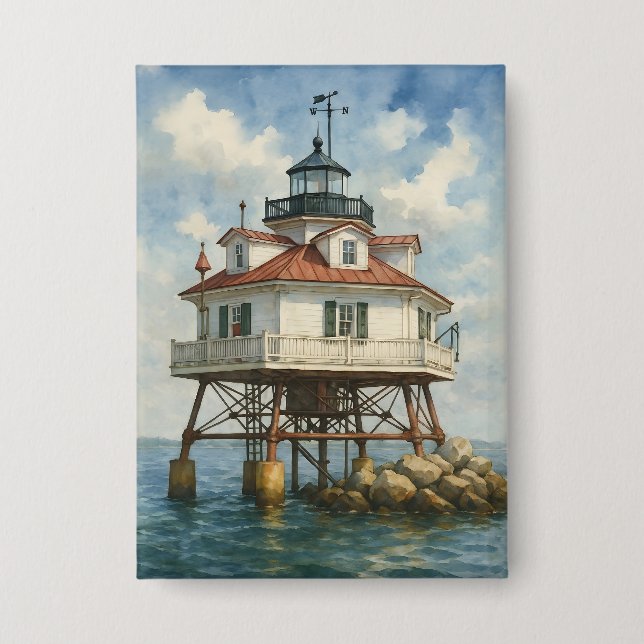 Badge Phare de Thomas Point Shoal Aquarelle (Recto)