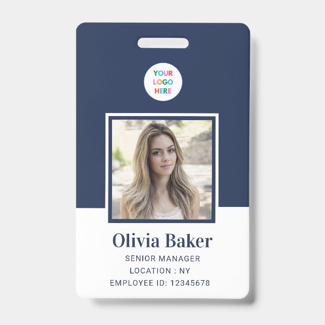 Badge Photo bleu de la Marine moderne Code à barres Nom  (Avant)