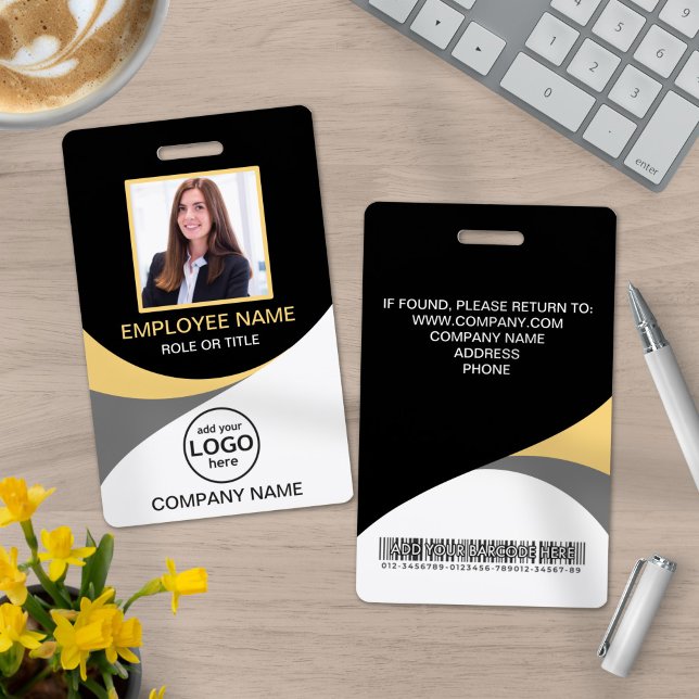 Badge Photo Code-barres Employé d'entreprise Noir Jaune (Créateur téléchargé)