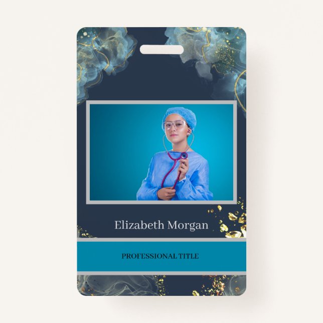 Badge Photo de l'employé Boho bleu tendance (Devant)