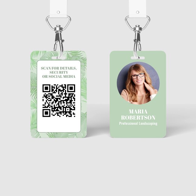 Badge Photo de l'employé Code QR Palme verte (Employee photo business badge with botanical palm leaves. )