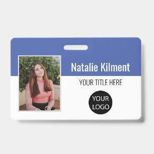 Badge Photo de l'employé Nom Logo Code-barres Bleu et Bl