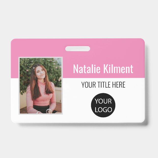 Badge Photo de l'employé Nom Logo Code-barres Rose et Bl (Avant)
