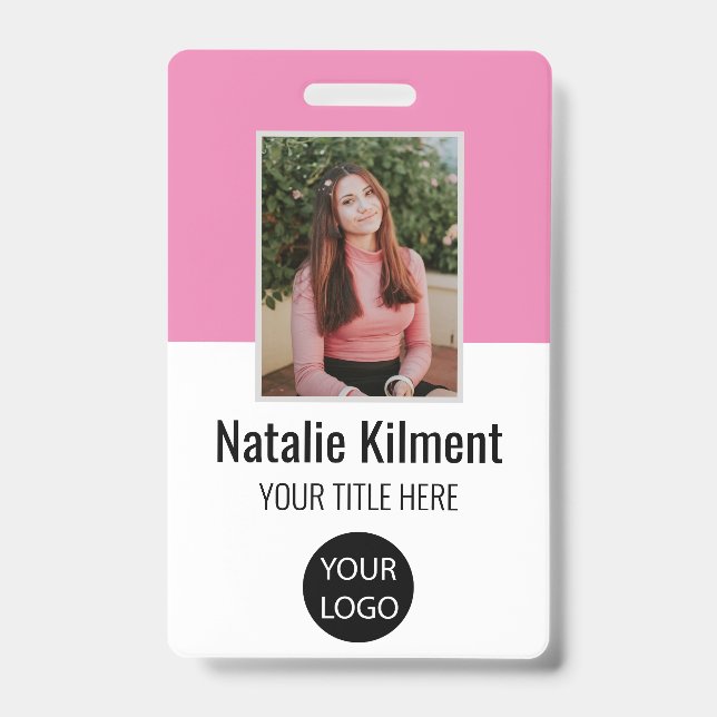 Badge Photo de l'employé Nom Logo Code-barres Rose et Bl (Avant)
