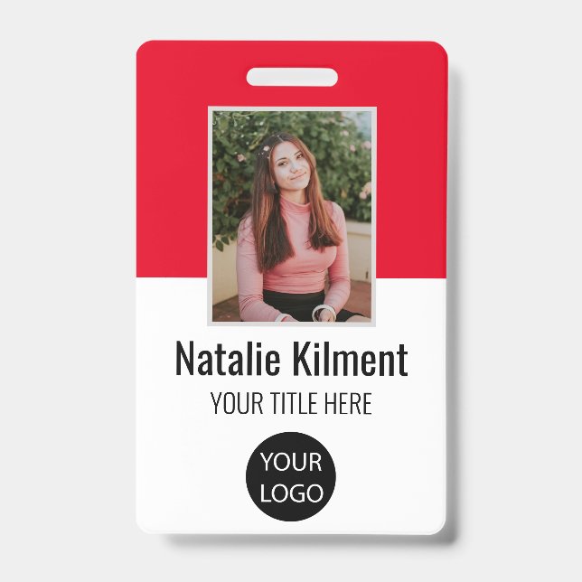 Badge Photo de l'employé Nom Logo Code-barres Rouge Noir (Avant)