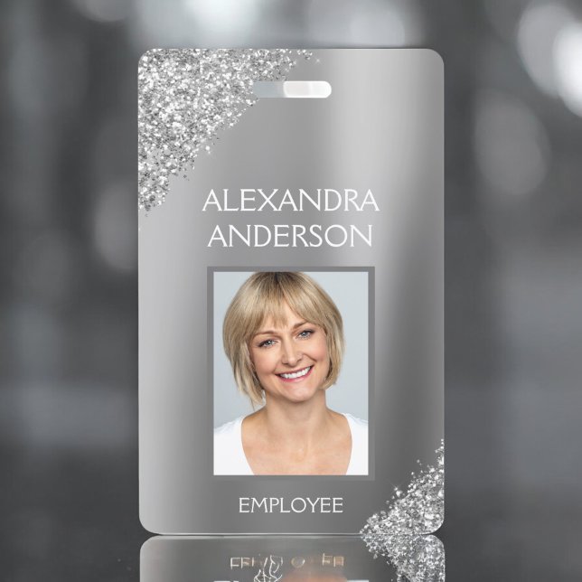 Badge Photo de nom d'employé avec paillettes argentées E (Créateur téléchargé)