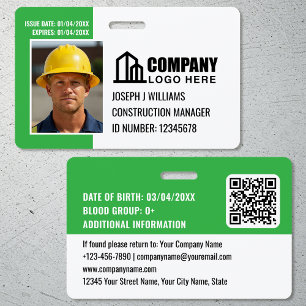 Badge Photo de sécurité ID Logo Code QR Vert Employé
