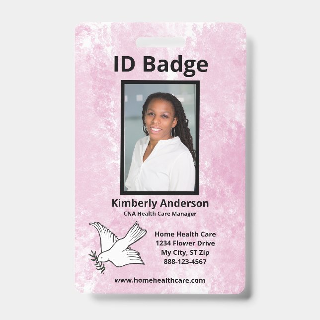 Badge Photo d'employé à l'aquarelle rose Nom Logo ID (Avant)