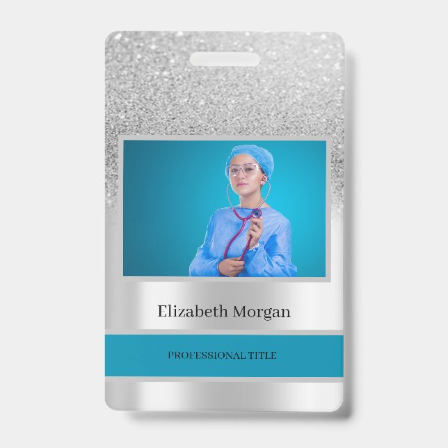 Badge Photo d'employé avec bokeh de paillettes argentées (Avant)