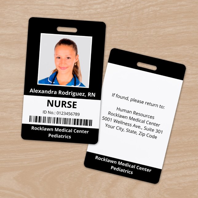 Badge Photo d'employé Code-barres Noir Blanc ID médical (Employee Photo Barcode Black White Medical ID Badge, front/back)