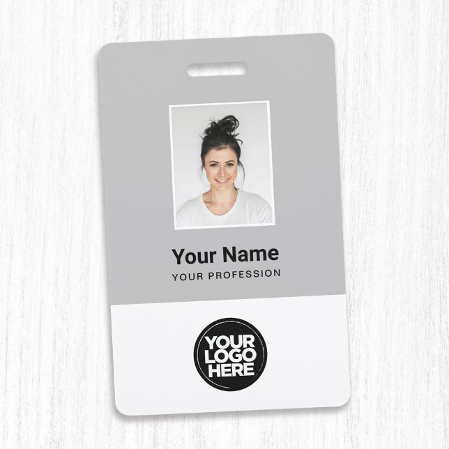 Badge Photo d'employé gris personnalisé, Code barre, Log (Créateur téléchargé)