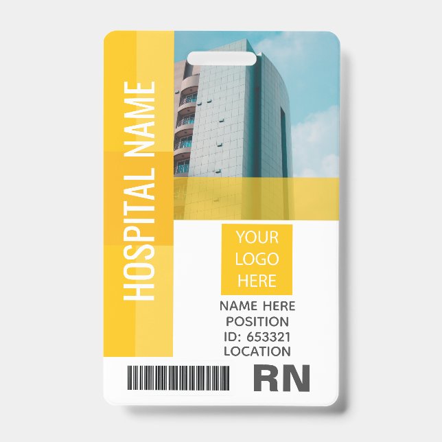 Badge Photo d'employé jaune, code-barres, logo, ID de no (Avant)