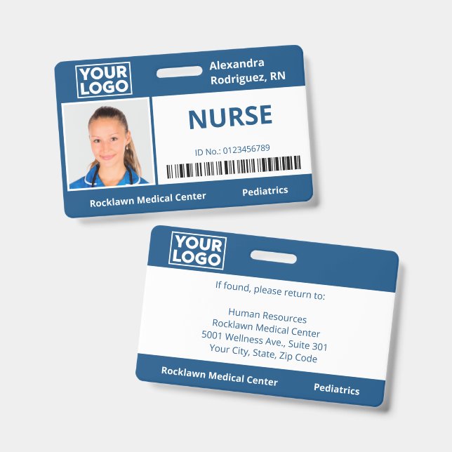 Badge Photo d'employé Logo Code-barres Bleu Carte d'iden (Avant & arrière)
