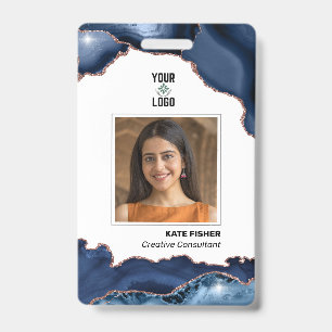 Badge Photo d'employé Moderne Bleu Marine Agate Or Rose