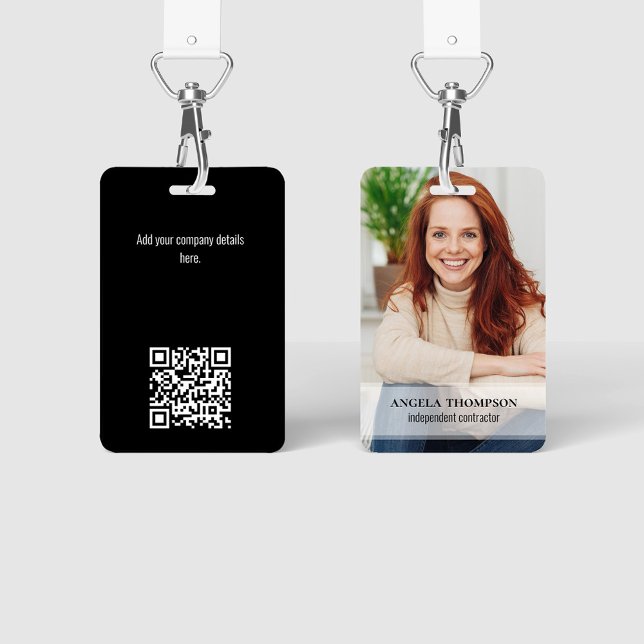 Badge Photo d'employé Noir Nom et titre QR Code (Simple photo badges with a full bleed photo template.)